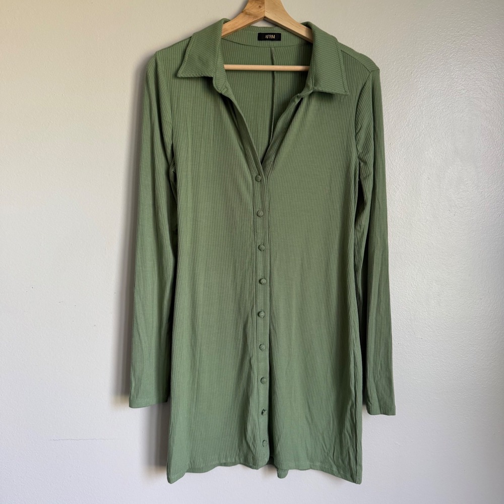 AFRM Sage Green Ribbed Knit Long‎ Sleeve Button Down Mini Dress Collar Size S